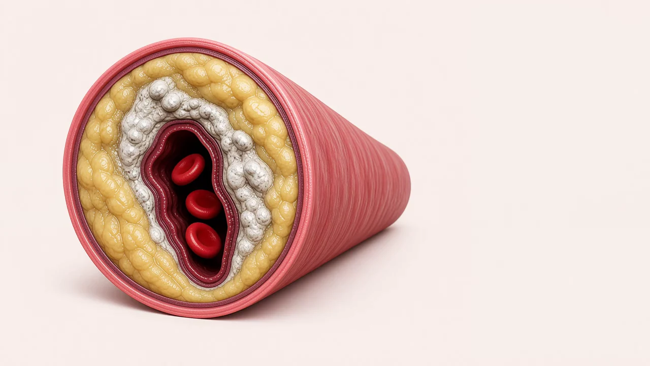 Querschnitt einer verstopften Arterie mit Cholesterin- und Kalkschicht