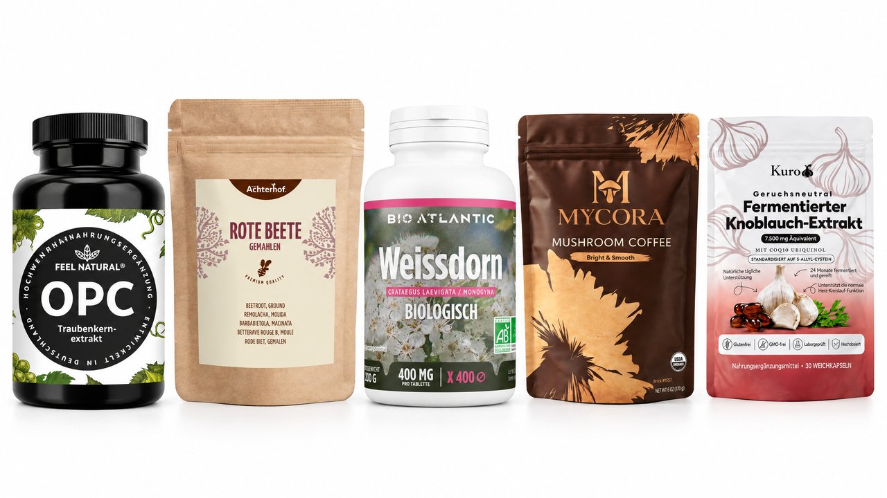 Die fünf getesteten Mittel nebeneinander: OPC, Rote Bete, Weißdorn, Pilzkaffee und Kuro